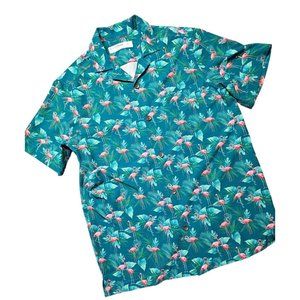 Caribbean Swimwear Hawaiian Tropical Flamingo Green Button Up Men's Size Small